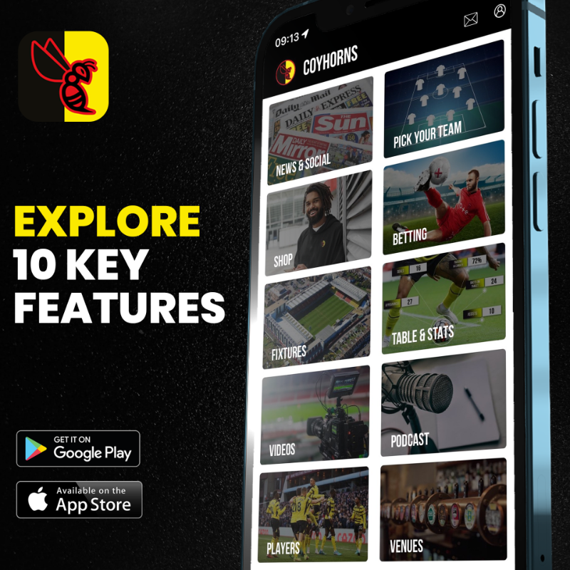 COYHorns_com's tweet photo. Check out the Explore page in our app with 🔟 easy-to-access features, including News, Table &amp; Stats, Podcasts and more! 🟡 #WatfordFC
