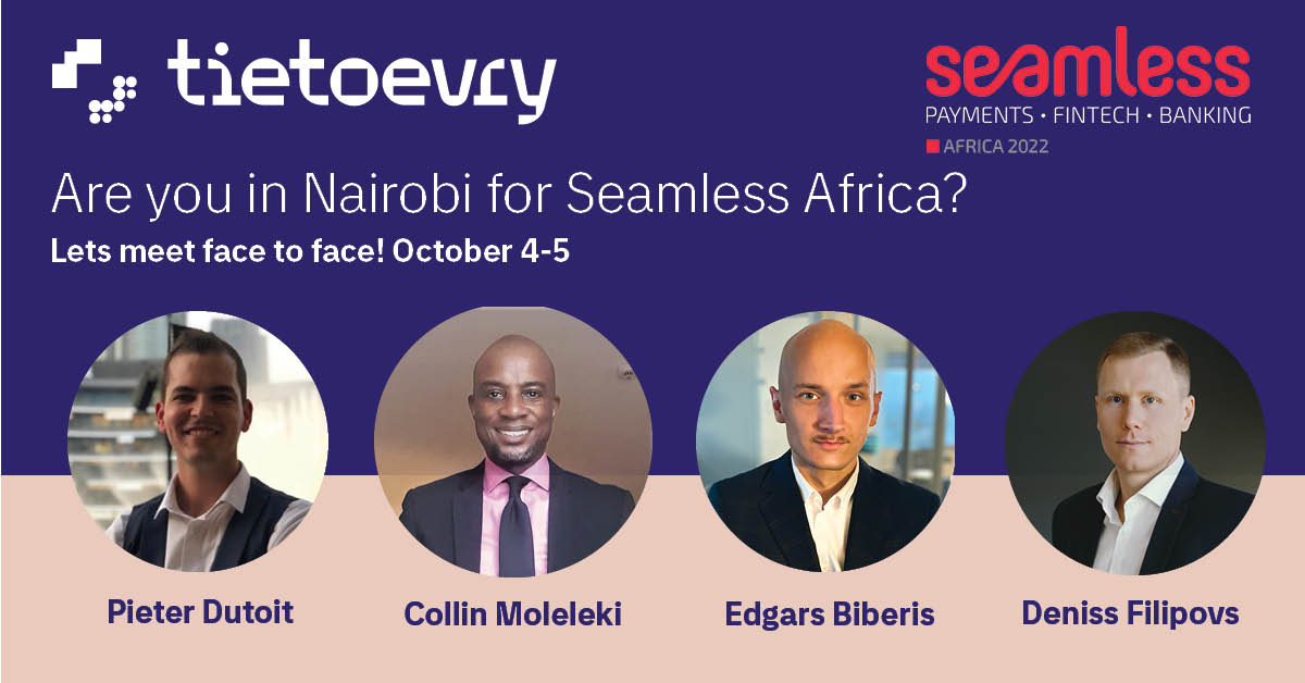 Are you in Nairobi for Seamless Africa, October 4-5?
Meet the team at <a href="https://twitter.com/hashtag/SeamlessAfrica?src=hash" target="_blank">#SeamlessAfrica</a> for a chat on creating purposeful payment solutions. Meet Pieter Dutoit, Collin Moleleki, Edgars Biberis, Deniss Filipovs and Edgars Bremze at booth 58
<a href="https://twitter.com/hashtag/banking?src=hash" target="_blank">#banking</a> <a href="https://twitter.com/hashtag/payments?src=hash" target="_blank">#payments</a> <a href="https://twitter.com/hashtag/openbanking?src=hash" target="_blank">#openbanking</a> <a href="https://twitter.com/hashtag/cards?src=hash" target="_blank">#cards</a> https://t.co/cQDY3dAy5m
