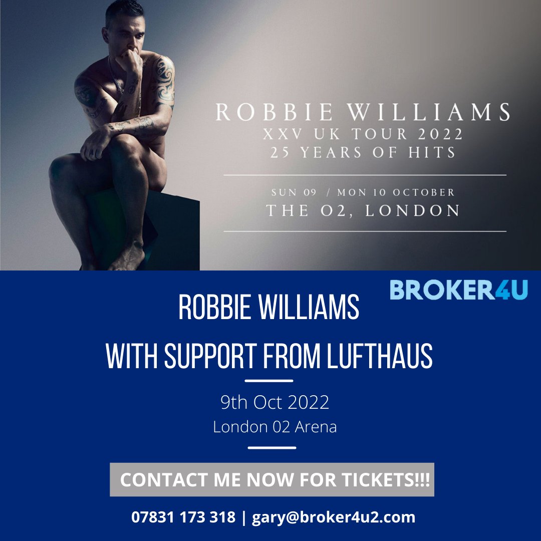 GDbroker4U's tweet photo. ** Robbie Williams XXV UK Tour **

VIP Hospitality Package with full lounge access!!

👉🏽 9th October 
⏰ 18:00
📍 02 Arena, Lower Tier, VIP Seats

Contact me today for your VIP hospitality package.

#robbiewilliams #xxvalbum #02arena #hospitality https://t.co/UqhKhdXDcq