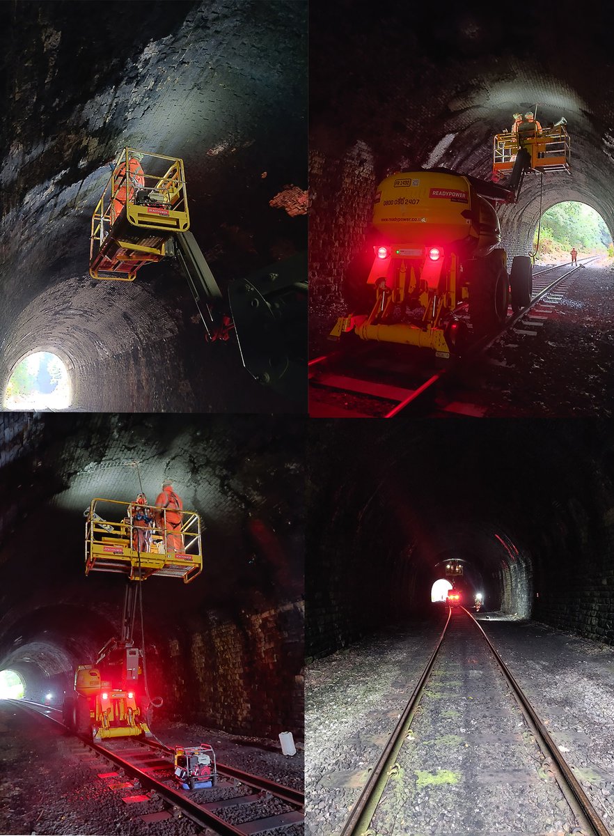 Determining the lining thickness of the tunnel and what material was behind it, also to prove the thickness of solid sandstone above the tunnel. Mobile Elevated Working Platform (MEWP) to get the drilling crew into place, use of handheld drills to extract cores from tunnel lining