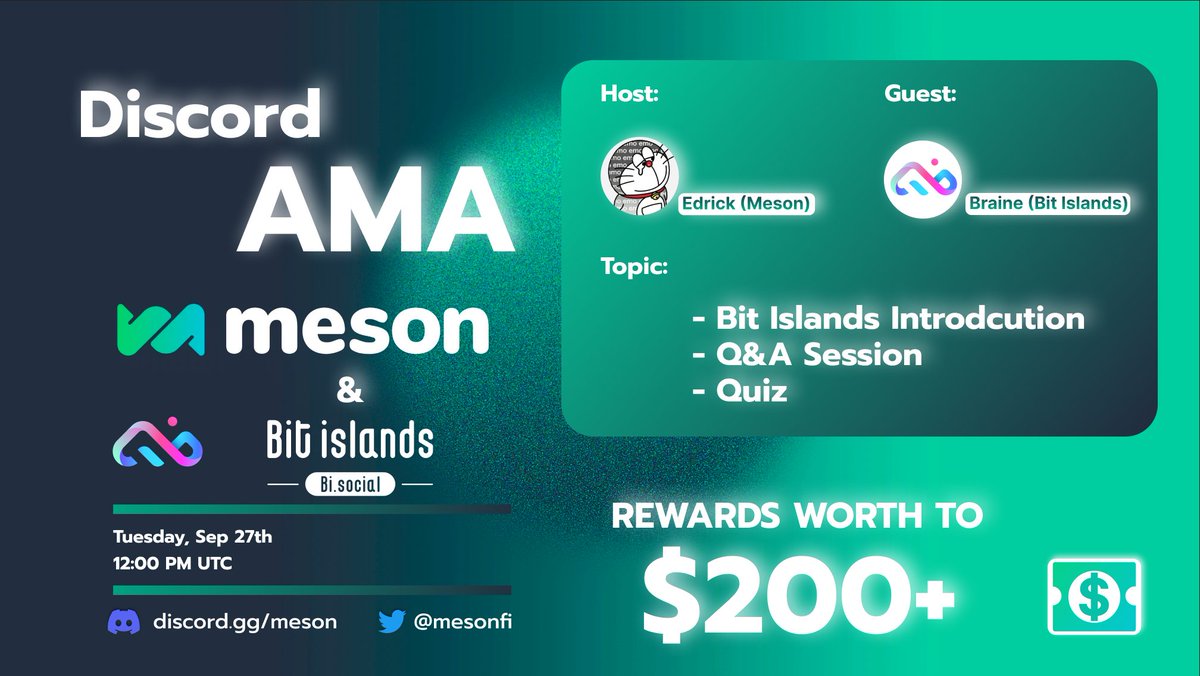 mesonfi's tweet photo. We are glad to hold an AMA with @Bitislands_ on 27th Sept at 12PM UTC on Discord!

Venue: 
https://t.co/At2IOMRRD1

Rewards:
🎁 20 Bit Island WL
🎁 10 Meson premium ($100) 
🎁 OATs (free cross-chain swaps up to $10K)

✅ Complete the tasks to participate:
https://t.co/S7XRiqIZjc https://t.co/PSUyac6xA1