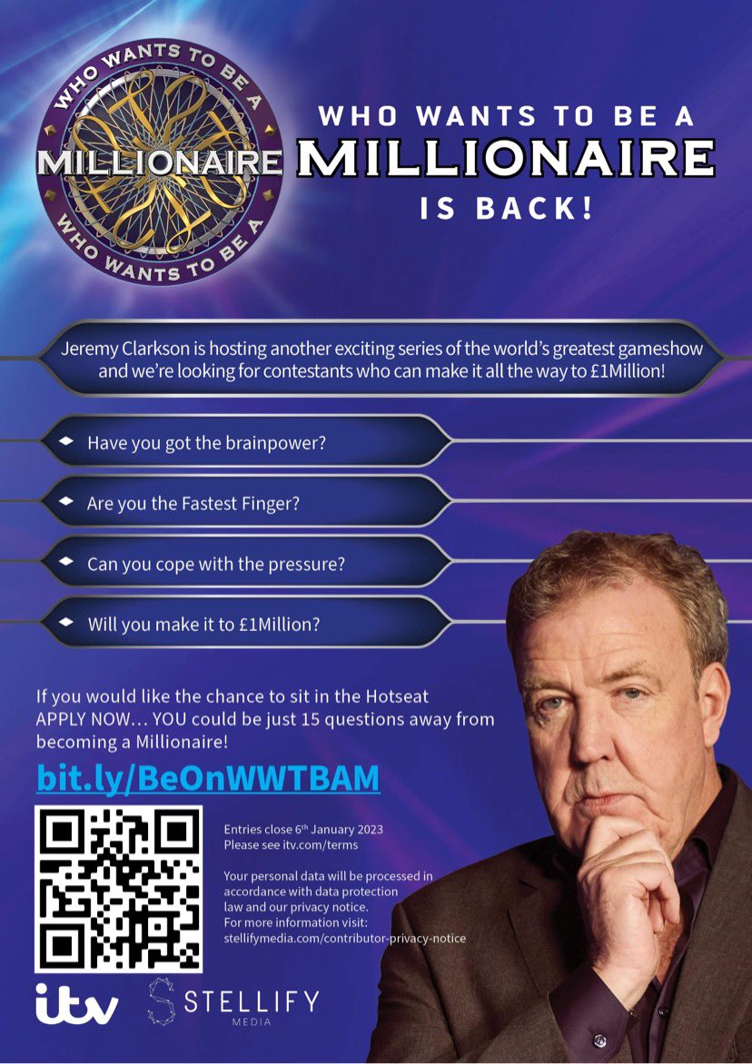 joeytvcasting's tweet photo. Who Wants To Be A Millionaire? is back on #itv 

Do you think you’ve got what it takes to be the Fastest Finger? Can you cope with the pressure of sitting in the Hot Seat? Have you got the smarts to make it all the way to the One Million Pound Question? https://t.co/QV4VjTu0jo