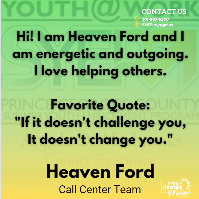 PGCSYEP's tweet photo. #PGCSYEP - Meet Youth at Work Talent Pipeline Participant Heaven Ford!  Prince George's County young adults are making a mark on the County!  We are #PrinceGeorgesProud #SYEPintern #ThankYou https://t.co/CSytPtH8XX