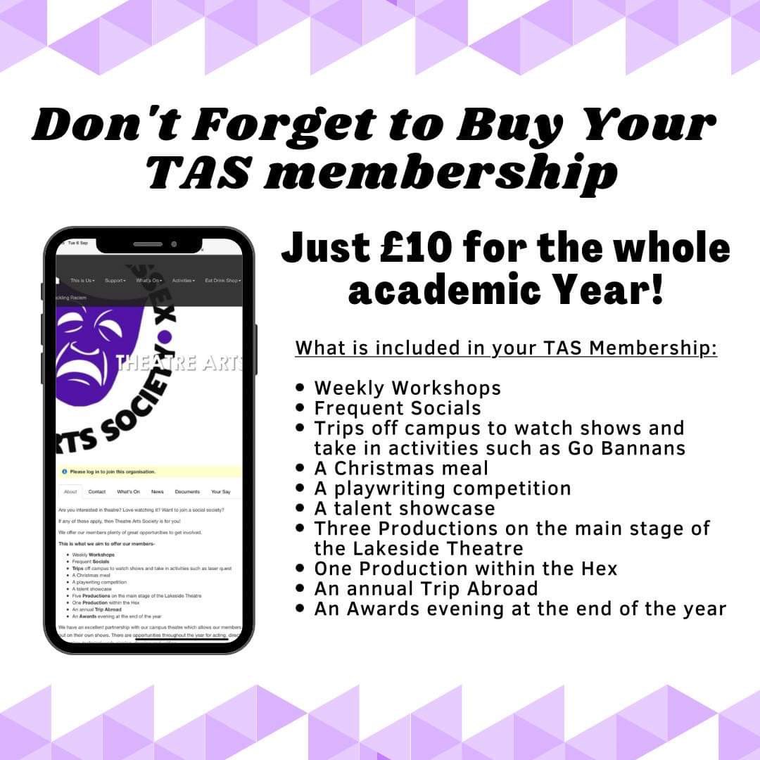 ✨It's time to buy your TAS Membership✨

it’s only £10 for the year and allows you to take part in everything the society has to offer particularly shows.
essexstudent.com/society/essext…