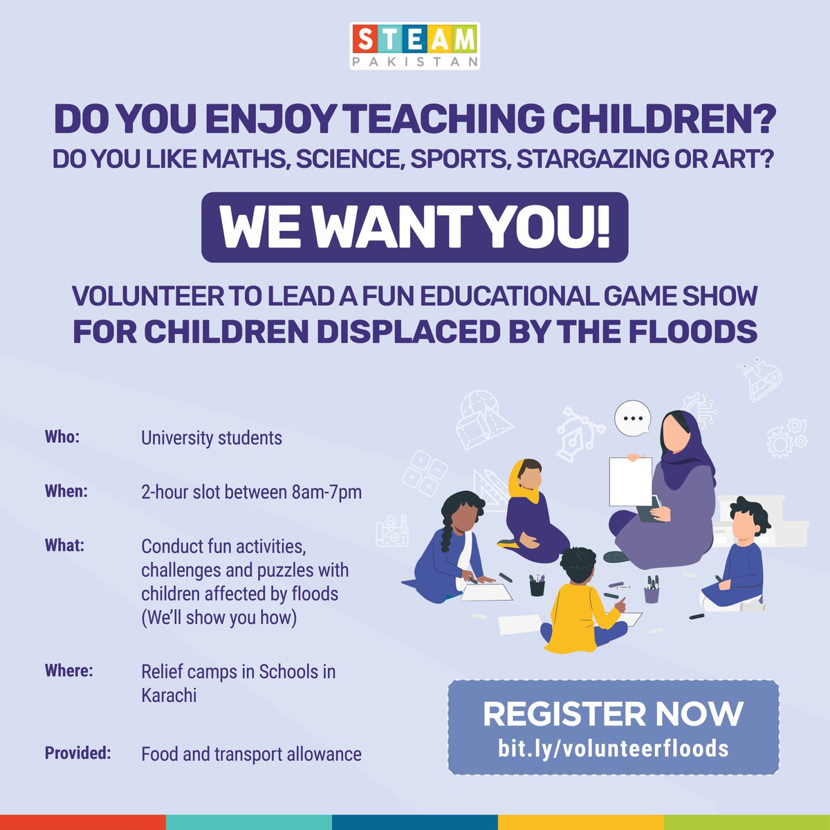 Looking for #Volunteers in #Karachi next week - help us bring joy to children displaced from the floods through some fun activities. Activity guides, training session, food and transport allowance will be provided. 

Registration Link: bit.ly/volunteerfloods 

#PakistanFloods