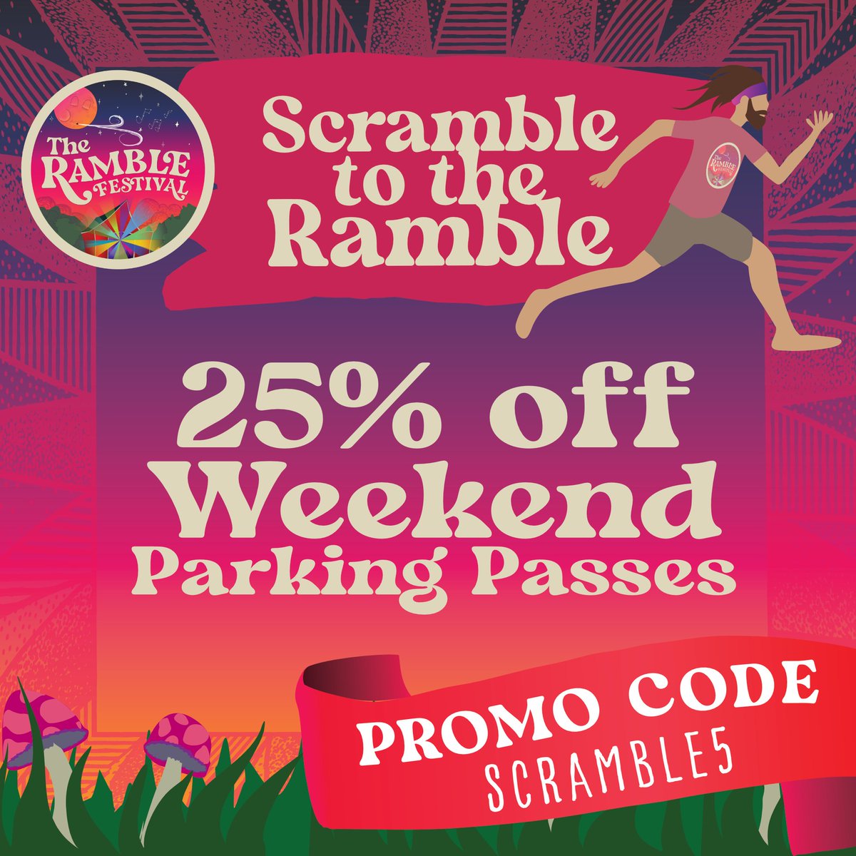 Today is the last day of the Scramble to the Ramble! Help speed up the check-in process at the gate - purchase your full weekend parking pass today and save $10! Scramble to the Ramble Day 5: Use code SCRAMBLE5 to get 25% off a full weekend parking pass! ramblefestival.com/tickets