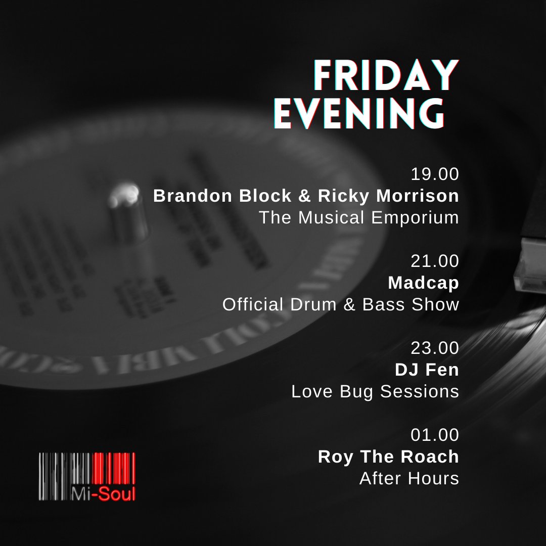 Friday evening 🔉

<a href="/Brandonblock/">Brandon Block</a> &amp; <a href="/DJRickyMorrison/">Ricky Morrison - M&S Productions</a> 
<a href="/MadcapDJ/">Madcap</a> 
<a href="/djfen1/">Dj Fen</a> 

Listen | mi-soul.com/radioplayer/