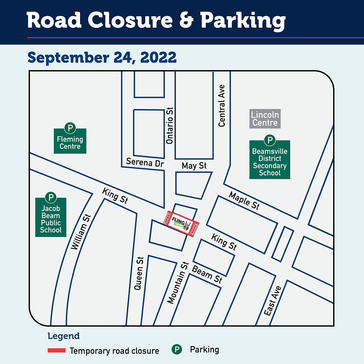 FlingoffKing's tweet photo. Reminder that King Street will be closed this Saturday Sept 24th from Ontario St. to Mountain Rd. for #flingonking 🚧 Emergency access is at Ontario St. If you’re heading down to Fling on King (you won’t want to miss it!) check out where to park here. #lincolnON #beamsville https://t.co/7ESdGWfRfd