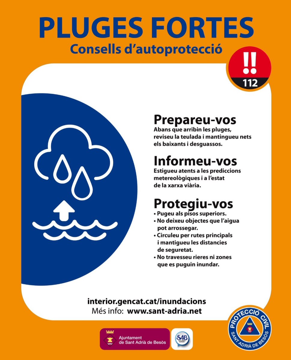 ProteccioCivilSAB (@protecivilsab) on Twitter photo INUNCAT: a partir d'aquesta tarda i fins demà al matí s'esperen pluges que poden superar els llindars d'intensitat 40mm/30min i acumulació de 100mm durant tot l'episodi. Poden anar acompanyades de tempesta i vent. Precaució, eviteu els punts inundables! <a href="/AjSantAdria/">Ajuntament SantAdrià</a> INUNCAT: a partir d'aquesta tarda i fins demà al matí s'esperen pluges que poden superar els llindars d'intensitat 40mm/30min i acumulació de 100mm durant tot l'episodi. Poden anar acompanyades de tempesta i vent. Precaució, eviteu els punts inundables! <a href="/AjSantAdria/">Ajuntament SantAdrià</a>
