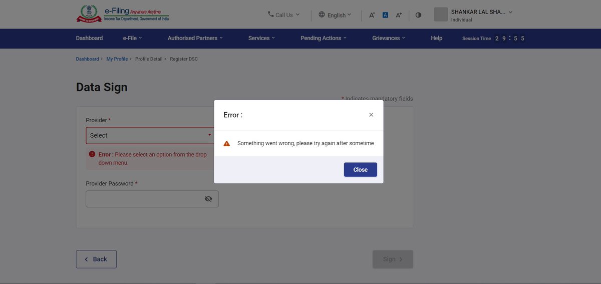 deepakvermadv's tweet photo. @IncomeTaxIndia Trying to register DSC. An error pops up "Something went wrong, please try again after sometime". I have already updated Java, emBridge Utility, DSC Utility. Please suggest what to do. https://t.co/GfjSHUTMLe