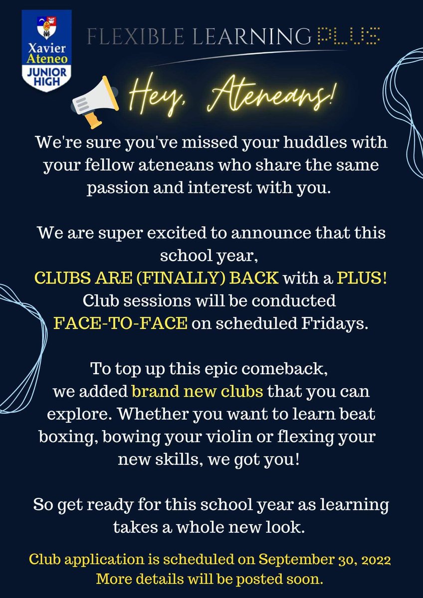 lclcdiesinuebe's tweet photo. Hey Ateneans! 📣

Flexible Learning PLUS just got better with 𝗖𝗟𝗨𝗕𝗦 𝗙𝗜𝗡𝗔𝗟𝗟𝗬 𝗕𝗔𝗖𝗞 with a PLUS! From beat boxing 🗣️ to bowing your violin 🎻 it's time to explore NEW skills that ignite your inner hues! https://t.co/J4YbQDB2NX