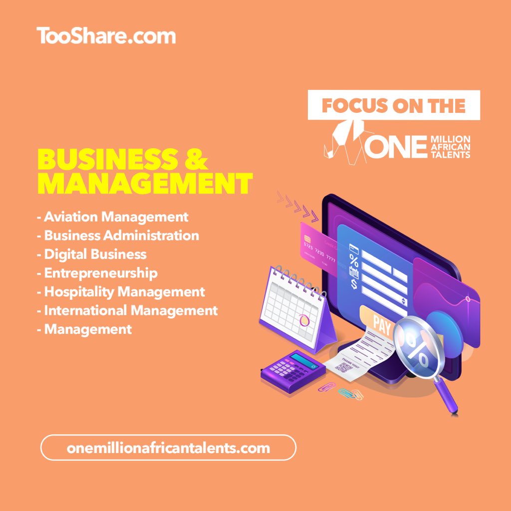 tooshare_africa's tweet photo. [ #OMAT #Program ] 🚀🚀
 https://t.co/6UwHSJPIYg

Focus on the #OneMillionAfricanTalents programs you can attend.... Today, let's discover the Business &amp; Management courses.😉

#JoinTheProgram #BeEducate #Scholarships #For #Young #Africans https://t.co/4YEtQpz9h0