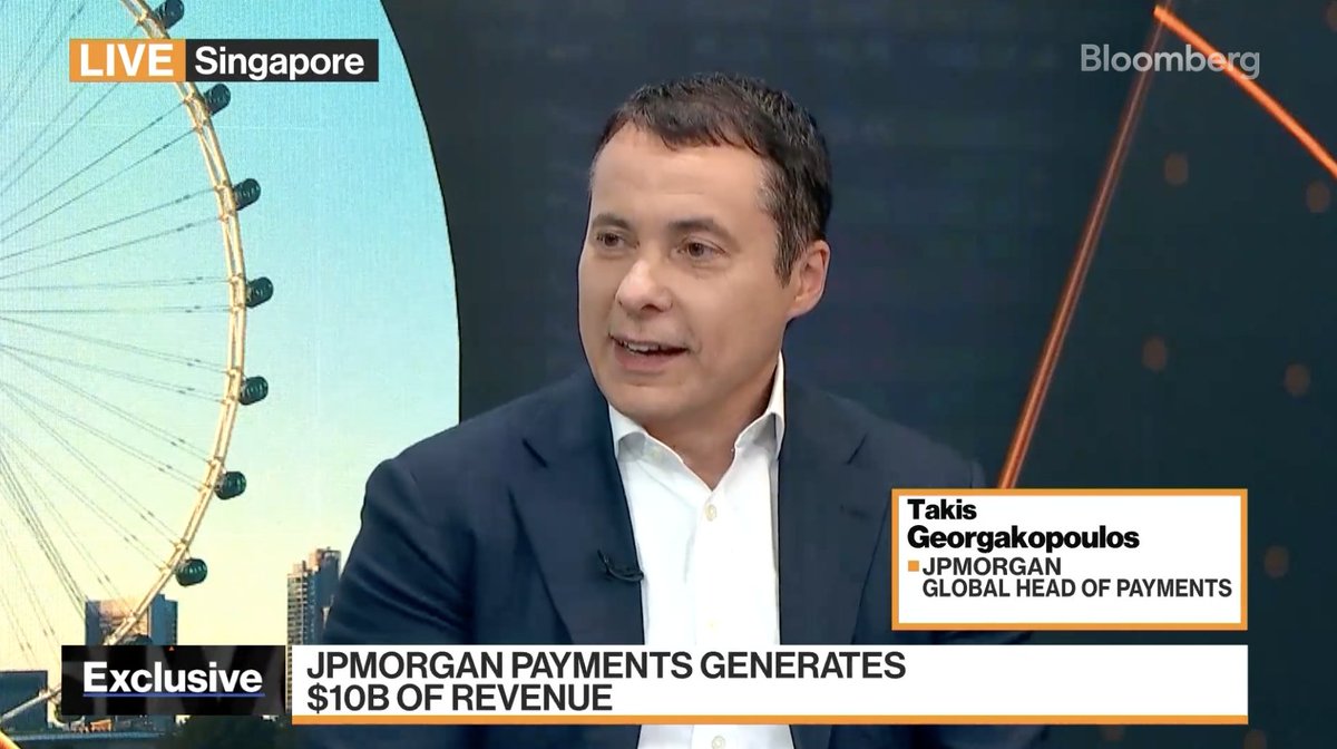jpmorgan's tweet photo. J.P. Morgan’s Takis Georgakopoulos speaks with @Bloomberg about the future of payments and says he sees a $5 billion opportunity for the business. https://t.co/CvvDdkOAA8 https://t.co/zLqs34FzM8