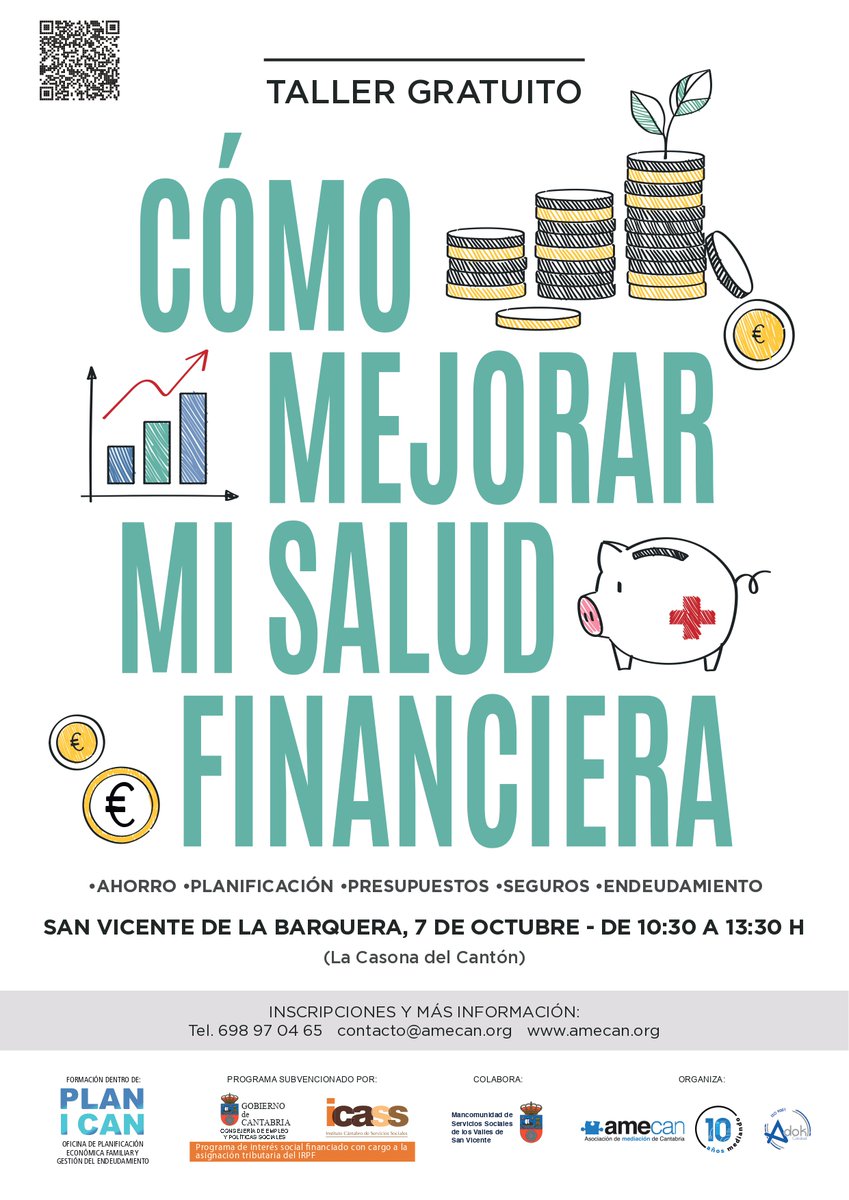 📯Nos vamos con nuestro💊Taller Gratuito "Cómo Mejorar Mi Salud Financiera" a:
📆 7 Octubre de 10:30hh a 13:30hh - San Vicente de la Barquera
Siguiente 🚝🛤️estación 21 Octubre Somo (Cantabria), dentro del Programa "Plan, I Can" de interés social cofinanciado 0,7%  IRPF (ICASS)