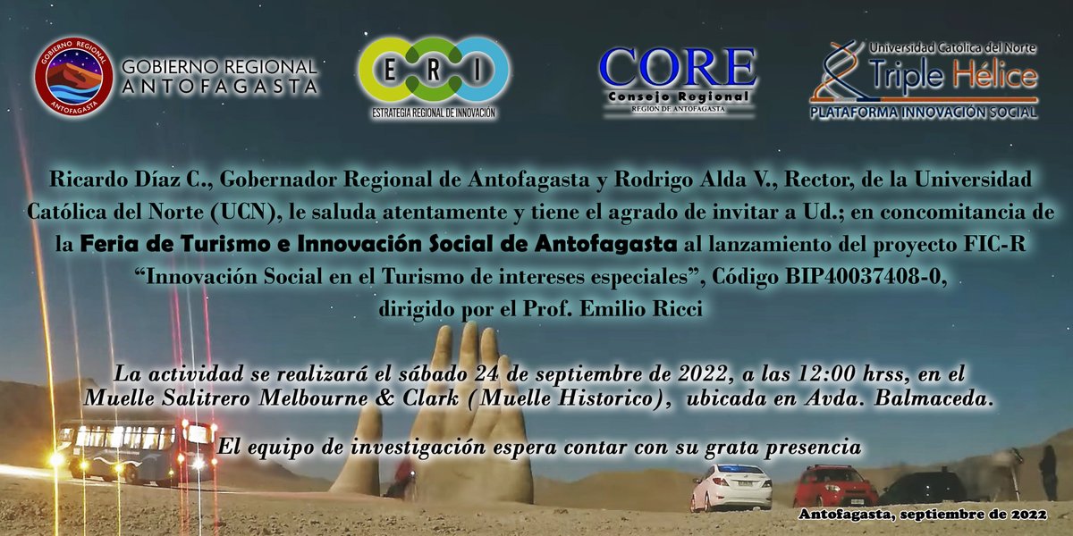 tripleheliceucn's tweet photo. Lanzamiento proyecto FIC-R "Innovación Social en Turismo de Intereses Especiales"

Celebraremos Día Mundial del Turismo con stand informativos, firma convenios, conversatorio, pitch emprendedores y city tours.

Este sábado 24 desde las 11:00 en Muelle Histórico de #Antofagasta https://t.co/SeDqrto9Cu