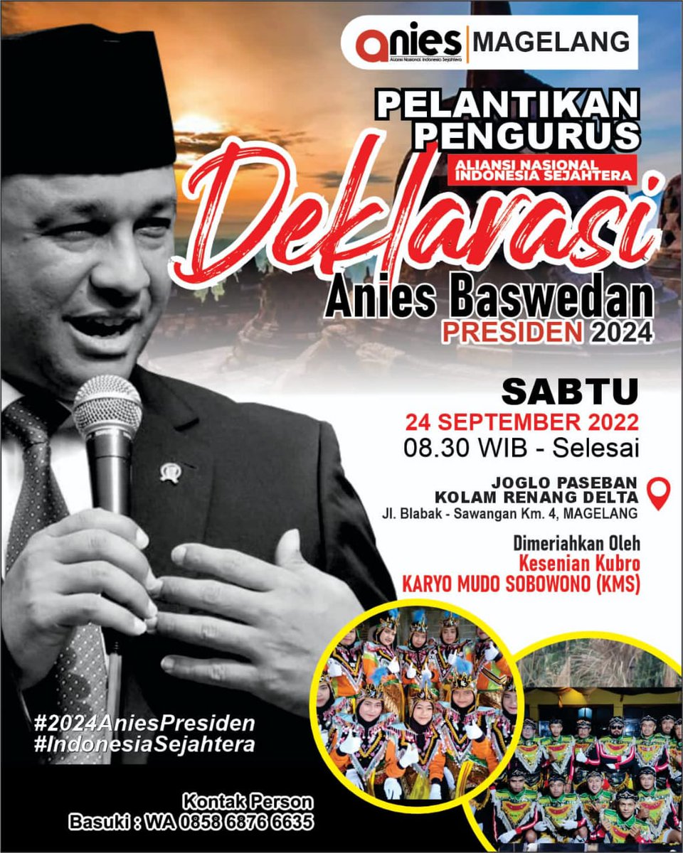 Mdy_Asmara1701's tweet photo. Wow langsung dua lokasi dong! 😎

Besok banget nih Deklarasi Anies Baswedan for Presiden 2024 di Magelang dan Kota lama Semarang 🔥

Yuk yang jauh mendekat, yang dekat merapat. 

Semua akan Anies pada waktunya https://t.co/qcB2VxvBfT