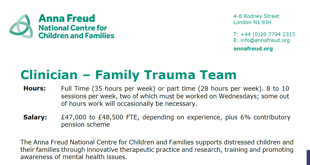 annafreuduk's tweet photo. Do you have clinical and social care experience of working with children and parents/carers affected by trauma?

We have a vacancy to join our experienced and supportive Family Trauma team closing next Monday. 

Apply: https://t.co/MbJODAvWFi https://t.co/OTNQNK6suQ