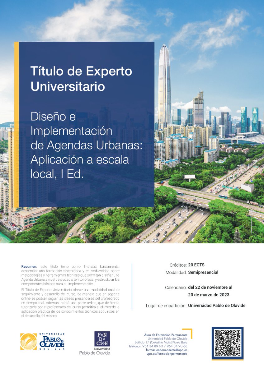 🏙️Desde la <a href="/pablodeolavide/">Pablo de Olavide</a> y el <a href="/GrupoPTyP/">PTyP</a>, lanzamos el Título de Experto Universitario en Diseño e Implementación de Agendas Urbanas a escala local en modalidad dual. Más info 👇
upo.es/postgrado/Titu…