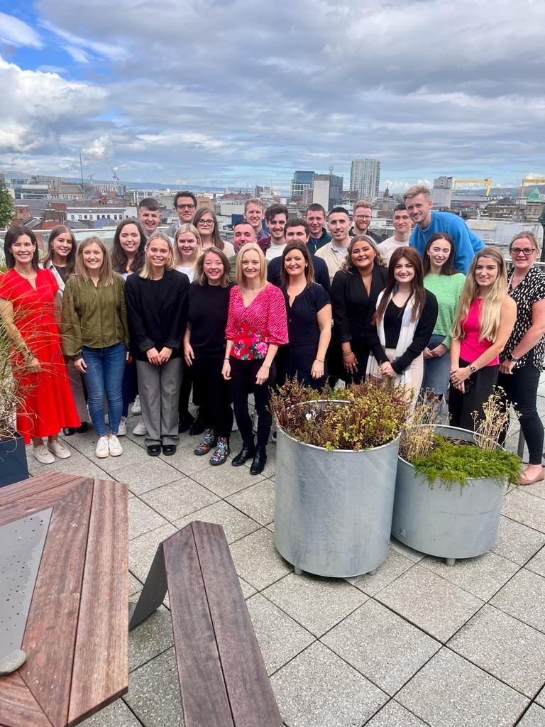 Emmamd7's tweet photo. FAE results day - a day we all remember! Big celebrations this morning for the @PwC_NI team on a fantastic set of results. Enjoy the day- we are very proud of you all. Definitely one for the terrace 📸🍾#classof2022 #fae #LeadingNi @ChartAccsUlster @CharteredAccIrl @CatMcCusker https://t.co/42f2lQC8nn