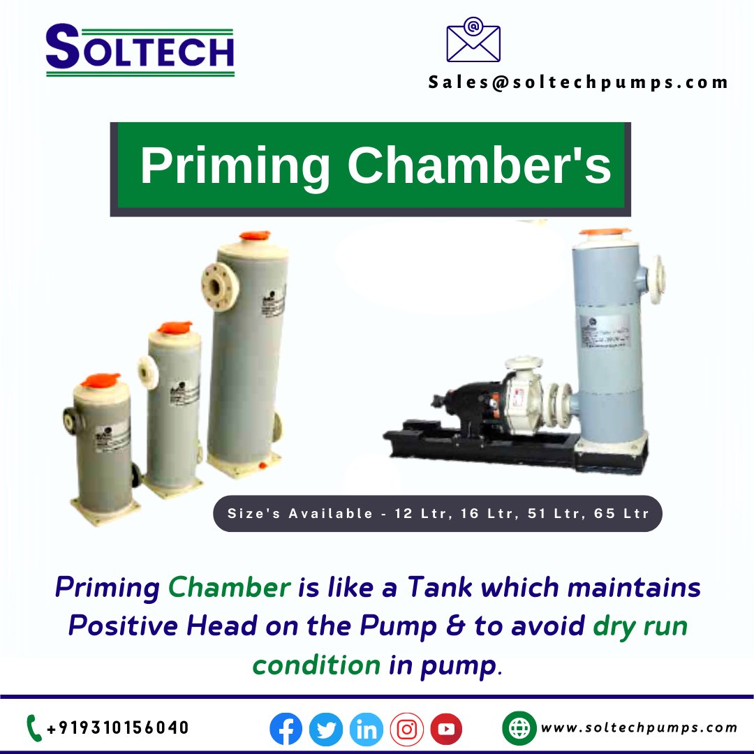 We having PP #Priming #Chamber are fbricated from sturdy thicked walled extend pipe with moulded.
✔ Size's Available - 12 Ltr, 16 Ltr, 51 Ltr, 65 Ltr
✔ provided with inbuilt strainer
✔ can take upto 3m of
Visit us at: soltechpumps.com
#soltechpump