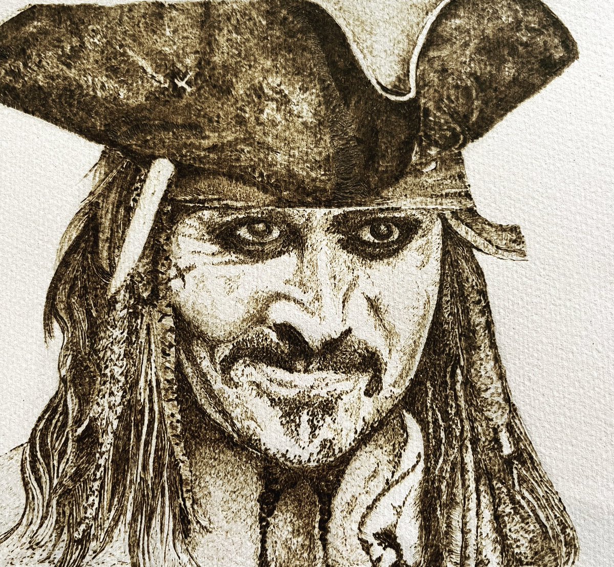 michell11708789's tweet photo. I started this 3 months ago - finally finished it yesterday 🔥not for sale🔥 🔥a just for fun piece 🔥practicing my people work! Pyrography on paper ! #commissionsopen #pyrography #art #jonnydepp #captainjacksparrow https://t.co/QzQnbDUNx8