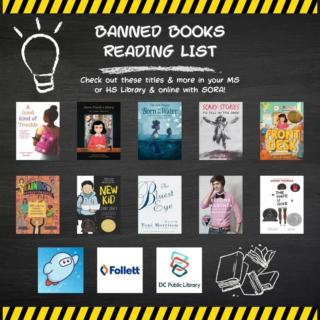 angfalkenberg's tweet photo. Read a banned book! Check out the @CHECDC libraries' displays or browse the digital collection. We celebrate the freedom to read and seek to bring awareness around readers' choice and reading for empathy. #BannedBooksWeek #CHECReads #DCPSReads #DCPSHasLibrarians @DcpsLibrary https://t.co/MtweoHhZgV