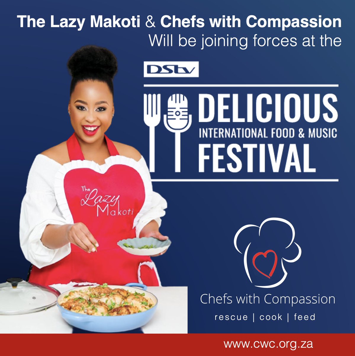 chefs_with's tweet photo. 📣Sunday @DeliciousFestSA festivalgoers! Come and meet @thelazymakoti between 14h00 and 15h00 and donate R50 for a signed plate.
#DStvDeliciousFestival #FoodAndMusicFestival #HeritageWeekend #FoodFestival #FoodiesOfSA #ChefsWithCompassion #HeritageDay2022 https://t.co/n9GRbamA4P