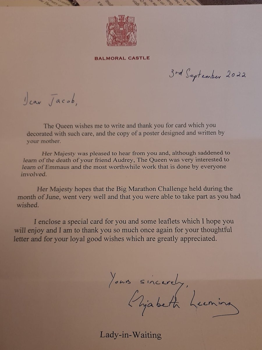 EmmausLeeds's tweet photo. One of the last thank-you cards sent by the Queen was received by #EmmausLeeds fundraising superstar Jacob.
8-year-old Jacob had written to Her Majesty to explain his Emmaus fundraiser in June, and his goal of reaching 70 miles, in recognition of the Queen’s Jubilee. https://t.co/QqyIoA8ZZf