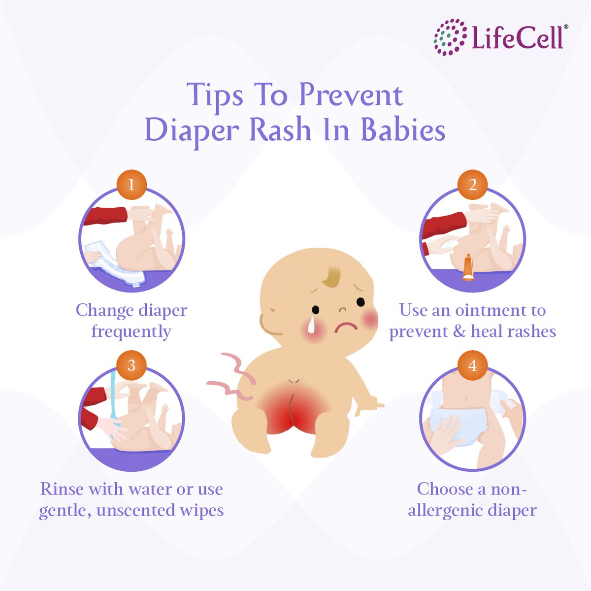 Lifecellint's tweet photo. Diaper rashes are very common in #babies. The combination of wet or soiled diapers on #delicateskin can cause irritation, infection or an allergy to the baby and make them feel uncomfortable. Here are some #tips that might help you in preventing rashes. https://t.co/ukiKtmO5Mr