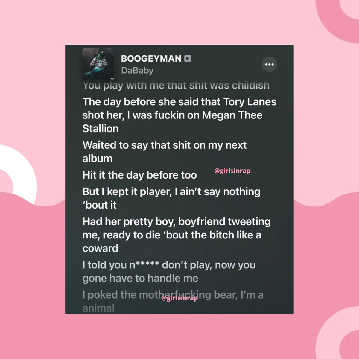 girlsinrap's tweet photo. DaBaby claims he was intimate with @TheeStallion a day before the altercation with Tory Lanez in new song "BOOGEYMAN." https://t.co/lCYxC7u6H3