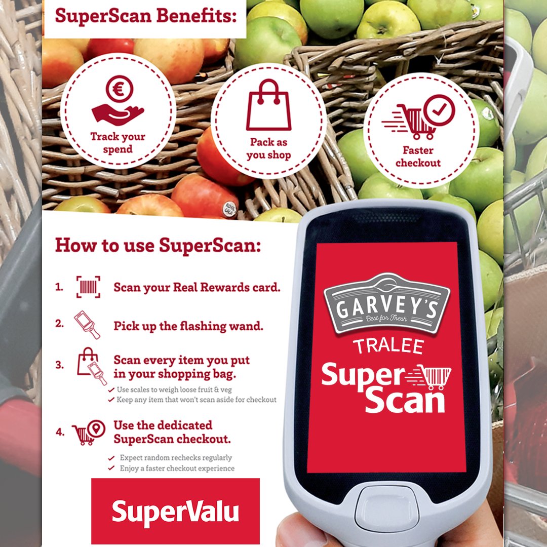 GarveySVTralee's tweet photo. Have you used SuperScan yet ⁉️ Why not shop our great offers instore using #SuperScan 🛒
✅ Track your spend
✅ Pack as you shop
✅ Convenient & easy to use
✅ Faster shopping & checkout time
#GarveysSuperValu #Tralee https://t.co/MV4N1bb86b