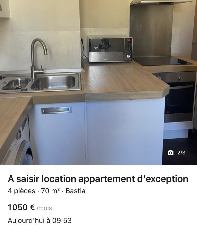 Appartement d’exception à #Bastia 

Formidable 4 pièces de 70m2

Prix : 1050€/mois 

Le + : l’évier 2 bacs équipé d’un égouttoir (pratique pour les pâtes).