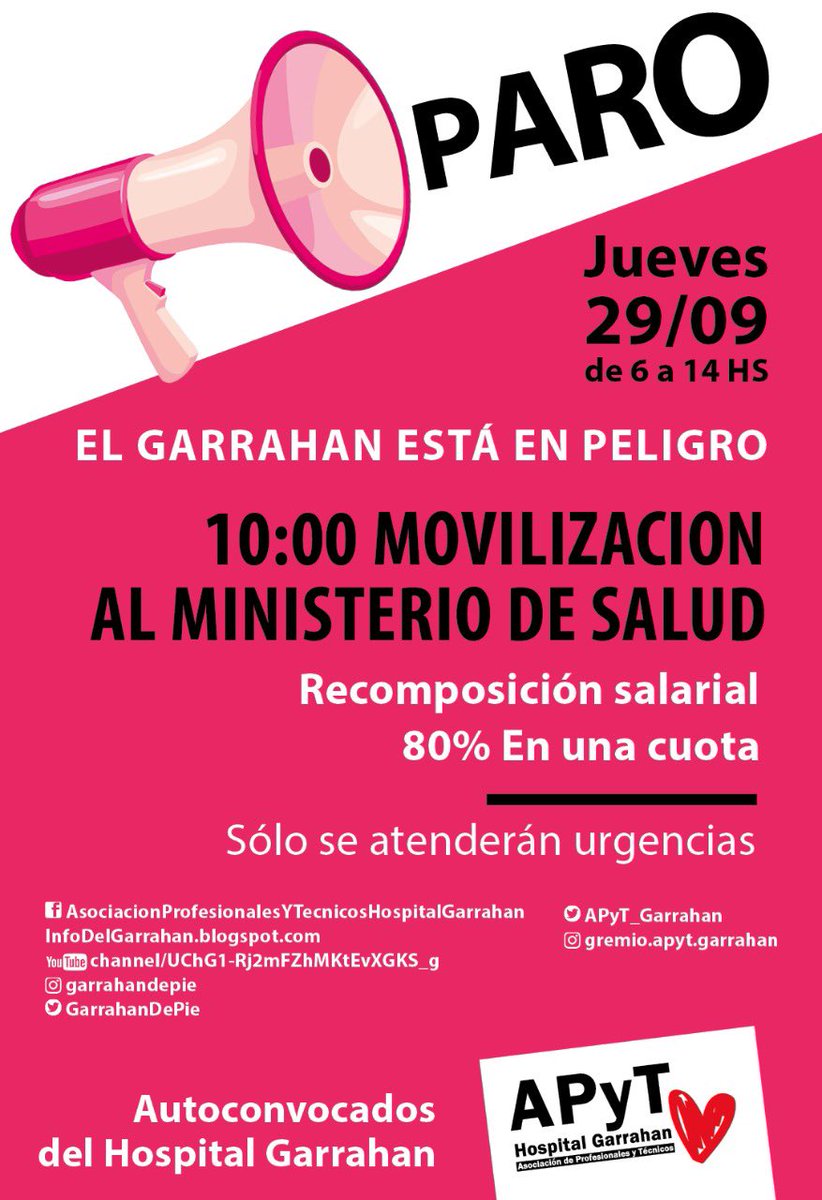 JUEVES 29/09 PARO Y MOVILIZACIÓN. Sólo se atenderán urgencias. Por un #garrahandepie #BASTA #BuenViernes <a href="/carlavizzotti/">Carla Vizzotti</a> <a href="/alferdez/">Alberto Fernández</a> <a href="/FernanQuirosBA/">Fernán Quirós</a> <a href="/clarincom/">Clarín</a> <a href="/LANACION/">LA NACION</a> <a href="/AgenciaTelam/">Agencia Télam</a> <a href="/todonoticias/">TN - Todo Noticias</a> <a href="/pagina12/">Página|12</a> <a href="/C5N/">C5N</a> <a href="/A24COM/">A24.com</a> <a href="/jroffo/">Julieta Roffo 💚</a> <a href="/odonnellmaria/">Maria O' Donnell</a> <a href="/ertenembaum/">Ernesto Tenembaum</a> <a href="/radiomitre/">Radio Mitre</a>