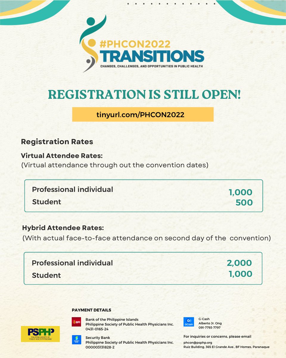 psphpofficial's tweet photo. LOOK: Attendance to PHCon 2022 is considered OFFICIAL BUSINESS for DOH personnel and public health physicians!
Register now at https://t.co/P84xavsZ3z!
Facebook Events Page: https://t.co/JopCJ2kThq
Hybrid slots are limited!
#PSPHP
#PHCon2022
#PublicHealth https://t.co/aWt6YiEnUO