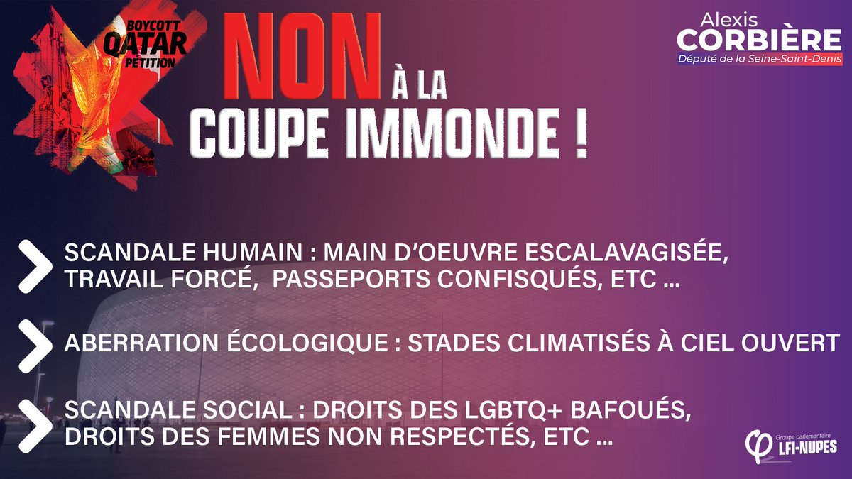 alexiscorbiere's tweet photo. La #coupedumonde2022 et la situation des droits de l'Homme au #Qatar c'est ça👇
#BoycottCoupeDuMonde [thread] 1/4 https://t.co/Npm9tGpGHA