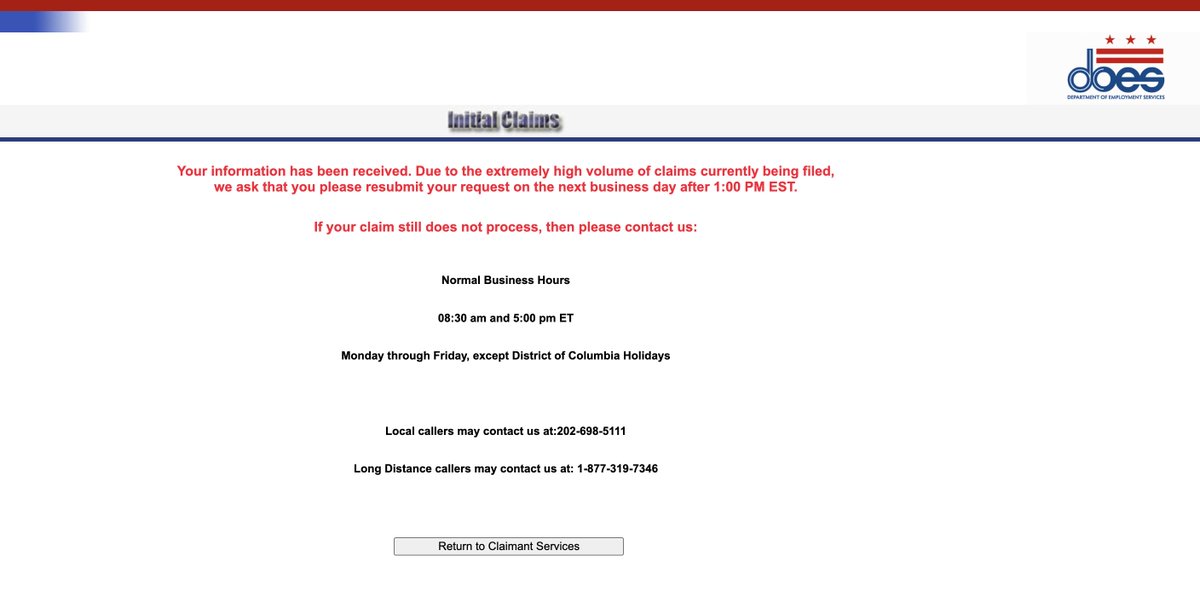 Hey <a href="/DOES_DC/">DC Department of Employment Services</a>, why are unemployment claimants  being told the website is overloaded and they have to try to file again tomorrow? <a href="/Janeese4DC/">Janeese Lewis George</a> <a href="/tweetelissa/">Elissa Silverman</a>