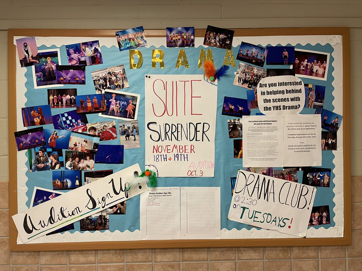 MsStockChoir's tweet photo. Don’t forget to sign up to audition for “Suite Surrender”! And if you’re interested in being a rehearsal assistant, pick up an application in Rm 124! Auditions are 10/3 and materials are also in Rm 124 - see you then! 🎭🌽💚 @YHSDeGennaro @yhs_drama https://t.co/lmZ3kPGXCY