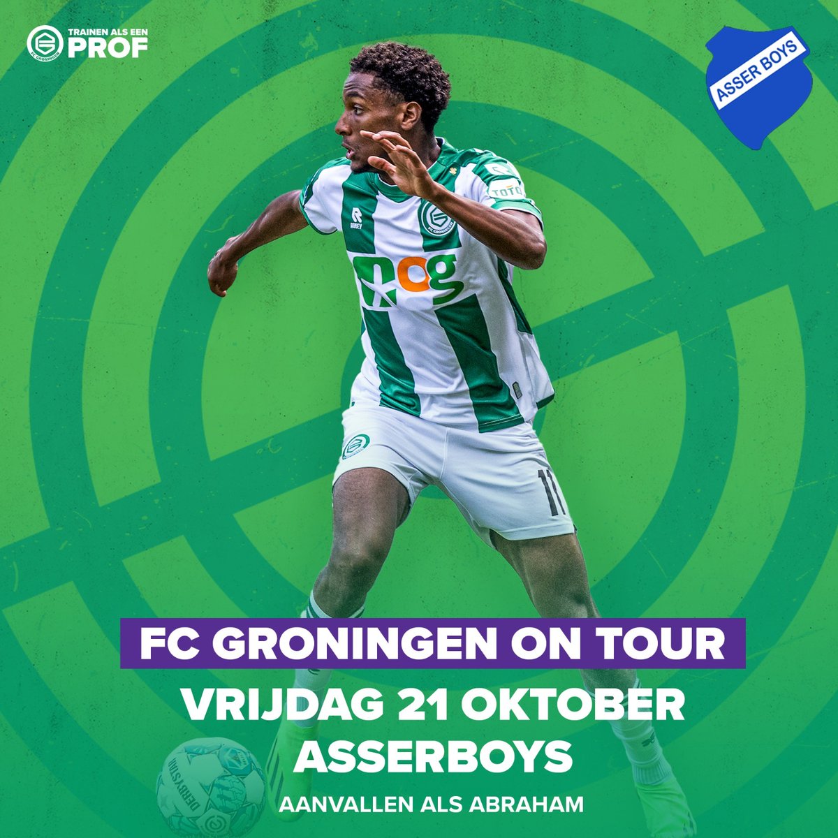 𝗙𝗖 𝗚𝗿𝗼𝗻𝗶𝗻𝗴𝗲𝗻 𝗼𝗻 𝗧𝗼𝘂𝗿 𝗸𝗼𝗺𝘁 𝗻𝗮𝗮𝗿 𝗔𝘀𝘀𝗲𝗿 𝗕𝗼𝘆𝘀! 💚🤍

<a href="/fcgroningen/">FC Groningen</a> komt op 21 oktober naar Assen om trainingen te geven aan jongens en meiden van 6 t/m 14 jaar. Wil jij ook leren aanvallen als Paulos Abraham? Meld je aan via fcgroningen.nl/ontour.