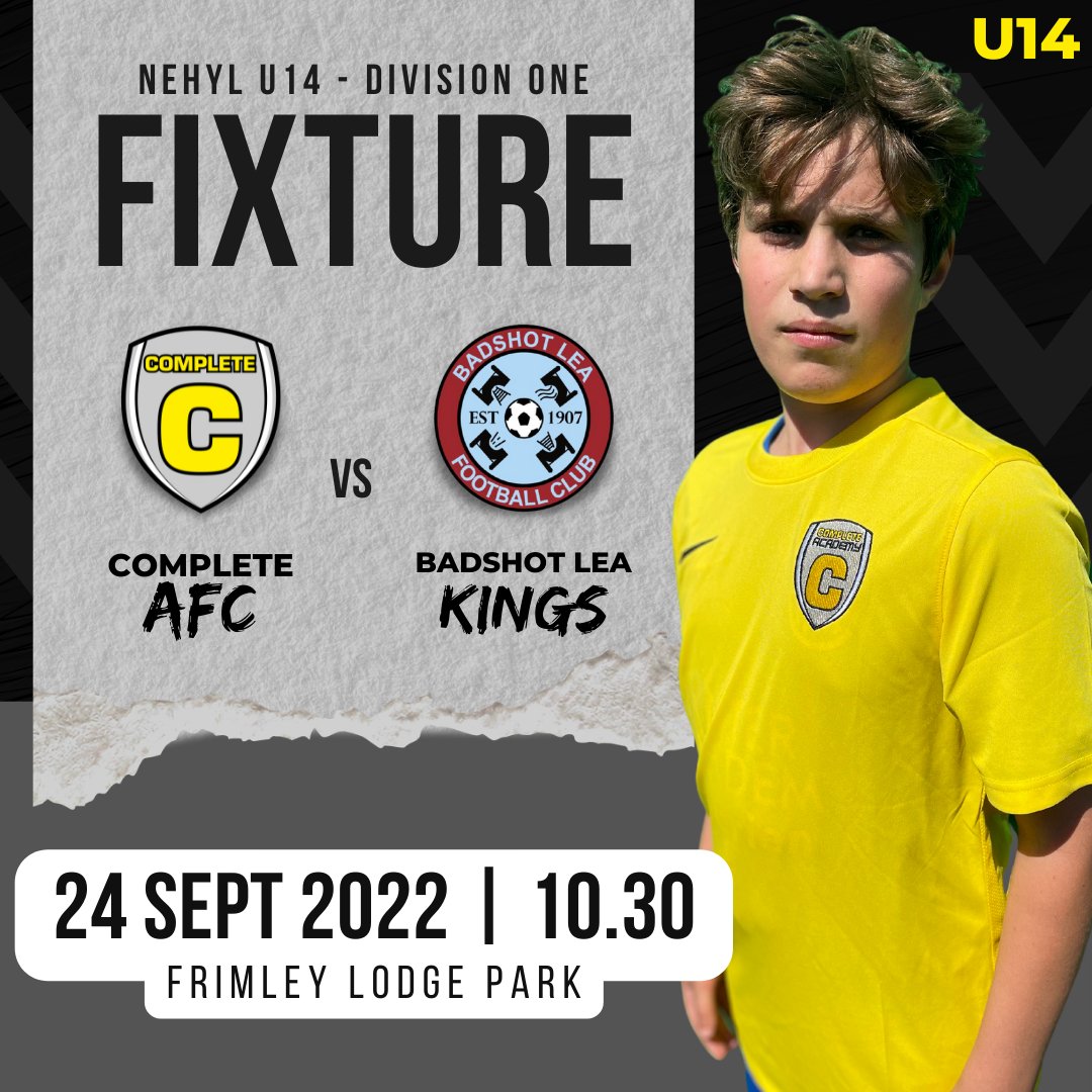 ⚽️ U14 AFC Complete Fixture ⚽️

🆚 Badshot Lea Kings
📆 Saturday 24th Sept 2022
⏰ 10:30am KO
🏆 NEHYL Div 1
🏟 Frimley Lodge Park

#UTC #grassroots #grassrootsfootball #risingballers #futureballers