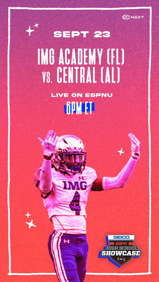 Week 4️⃣ of the GEICO ESPN High School Showcase returns with IMG Academy (FL) vs. Central (AL) TONIGHT!

Tune in live on ESPNU at 6PM ET🚨🏈