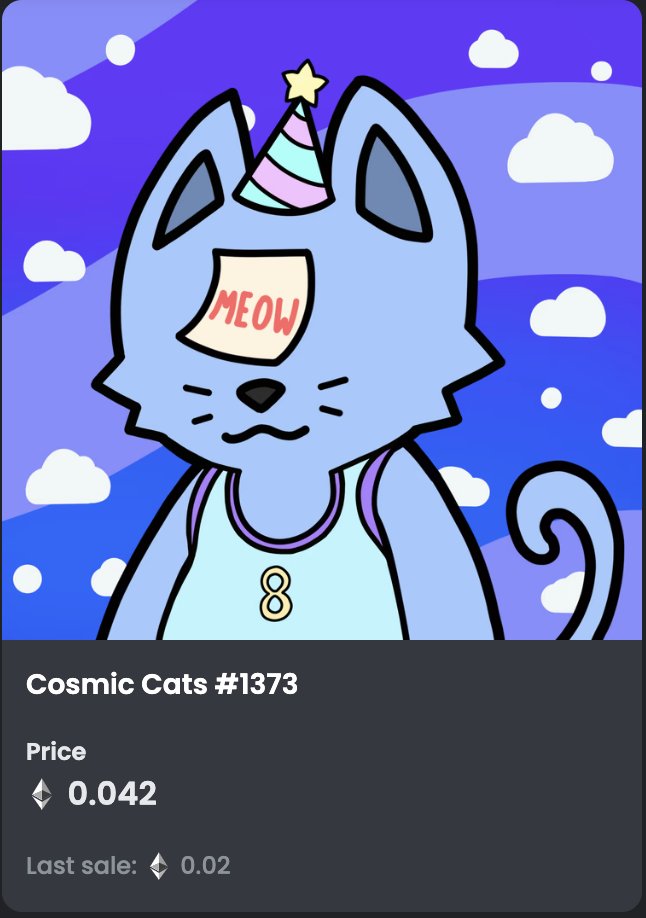 Hambotweets's tweet photo. Good afternoon @CosmicCats_ fam!

Only 291 listed,  here are your Friday cat stats 😺

Nose Ring ( 4/187 listed)
Cryo Skin ( 12/408 listed)
Teal Jersey ( 8/301 listed)
Gum Mouth ( 10/260 listed)

Get your cool traits while you can!

🚨 mutations on OCTOBER 16TH 🚨

#getcosmic https://t.co/zk9Vzgjm1A