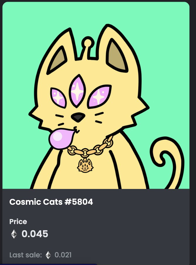 Hambotweets's tweet photo. Good afternoon @CosmicCats_ fam!

Only 291 listed,  here are your Friday cat stats 😺

Nose Ring ( 4/187 listed)
Cryo Skin ( 12/408 listed)
Teal Jersey ( 8/301 listed)
Gum Mouth ( 10/260 listed)

Get your cool traits while you can!

🚨 mutations on OCTOBER 16TH 🚨

#getcosmic https://t.co/zk9Vzgjm1A