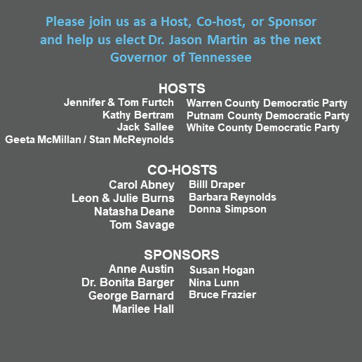 CarolAbneyTN's tweet photo. As an officer of @tndp, I’m co-hosting a fundraiser in #PutnamCoTN for @jasonbmartin Join us to discuss Dr. Martin’s plans as #TNGovernor. After 14 hospital closures, I can’t think of a better choice to address our lack of healthcare in #RuralTN Can y’all?
#WeAreTN #KeepGoingTN https://t.co/1KMbgzQEN9
