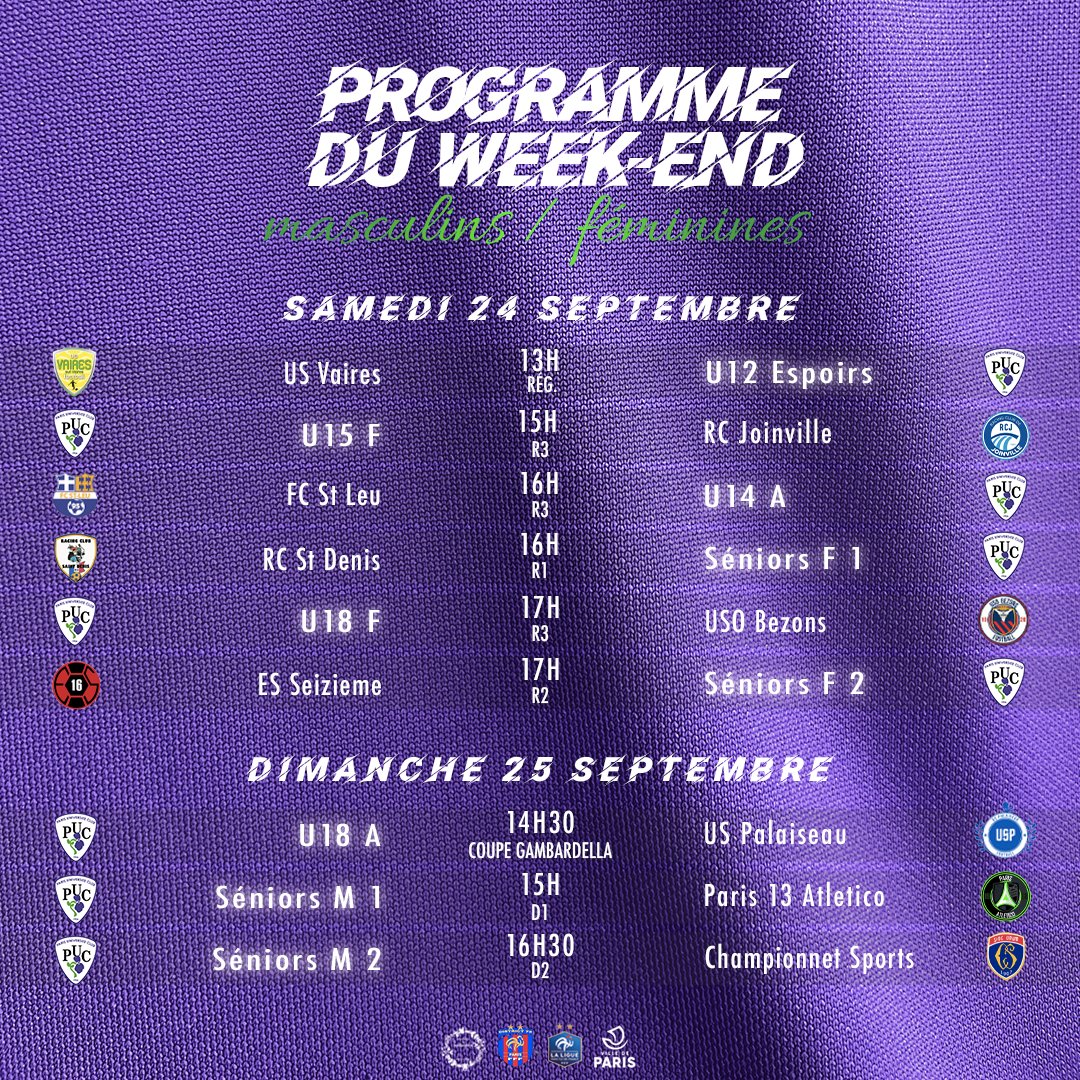 PUC_Football's tweet photo. Découvrez le programme de ce week-end ! 👊🟣⚪️ https://t.co/1oGw2w8sbF