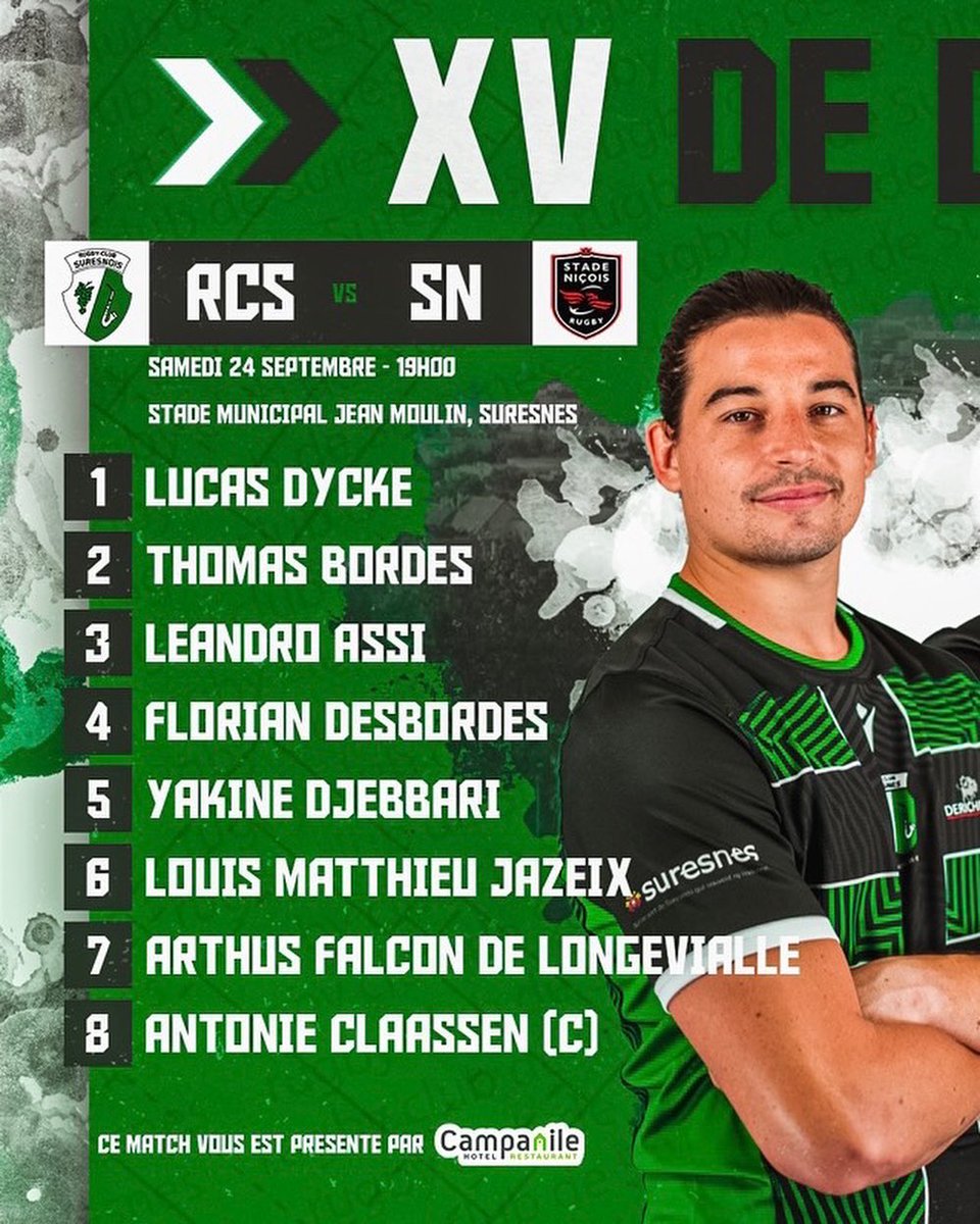 RCSuresnes's tweet photo. [ COMPOSITION 📇 ] 

Voici les joueurs qui défendront les couleurs du @RCSuresnes demain soir. Coup d’envoi 19h face au @stadenicois.

On vous attend nombreux au Stade Jean Moulin ! 

#AllezSuresnes #VertsEtNoirs #rugby https://t.co/aEetS9SBct