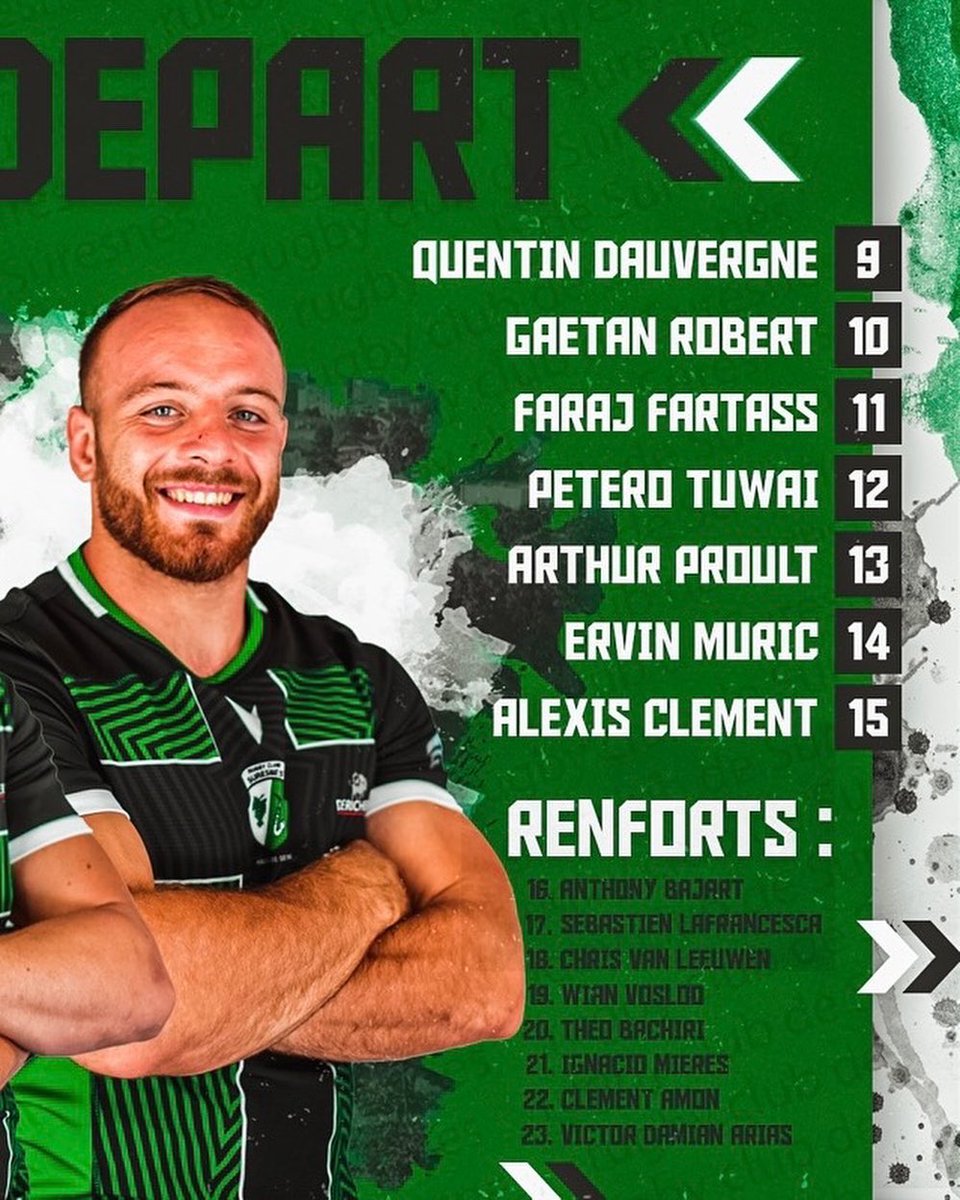 RCSuresnes's tweet photo. [ COMPOSITION 📇 ] 

Voici les joueurs qui défendront les couleurs du @RCSuresnes demain soir. Coup d’envoi 19h face au @stadenicois.

On vous attend nombreux au Stade Jean Moulin ! 

#AllezSuresnes #VertsEtNoirs #rugby https://t.co/aEetS9SBct