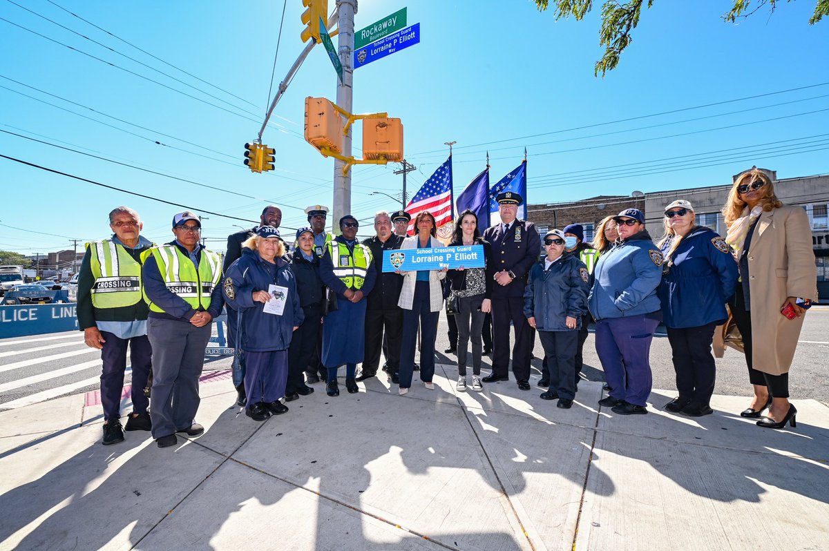 NYPDnews's tweet photo. School Crossing Guard Lorraine P. Elliott died on February 5, 1980, after being critically injured in the line of duty. The corner of Rockaway Blvd &amp; Lefferts Blvd in Queens will forever hold her legacy in this newly unveiled street sign. https://t.co/LENRJ8SD5Y