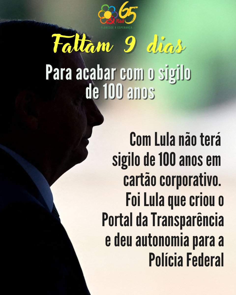 pcdob_oficial's tweet photo. Faltam 9 dias para acabar com o sigilo de 100 anos e o brasileiro voltar a ser respeitado! ✊🏽✊✊🏿

Vote certo! Vote 13 para Lula Presidente e eleja deputados e deputadas do #PCdoB65

#Vote65 #PCdoBcomLula #VamosJuntosPeloBrasil #Lula2022 #Lula #LulaPresidente https://t.co/WpyMkidDqF