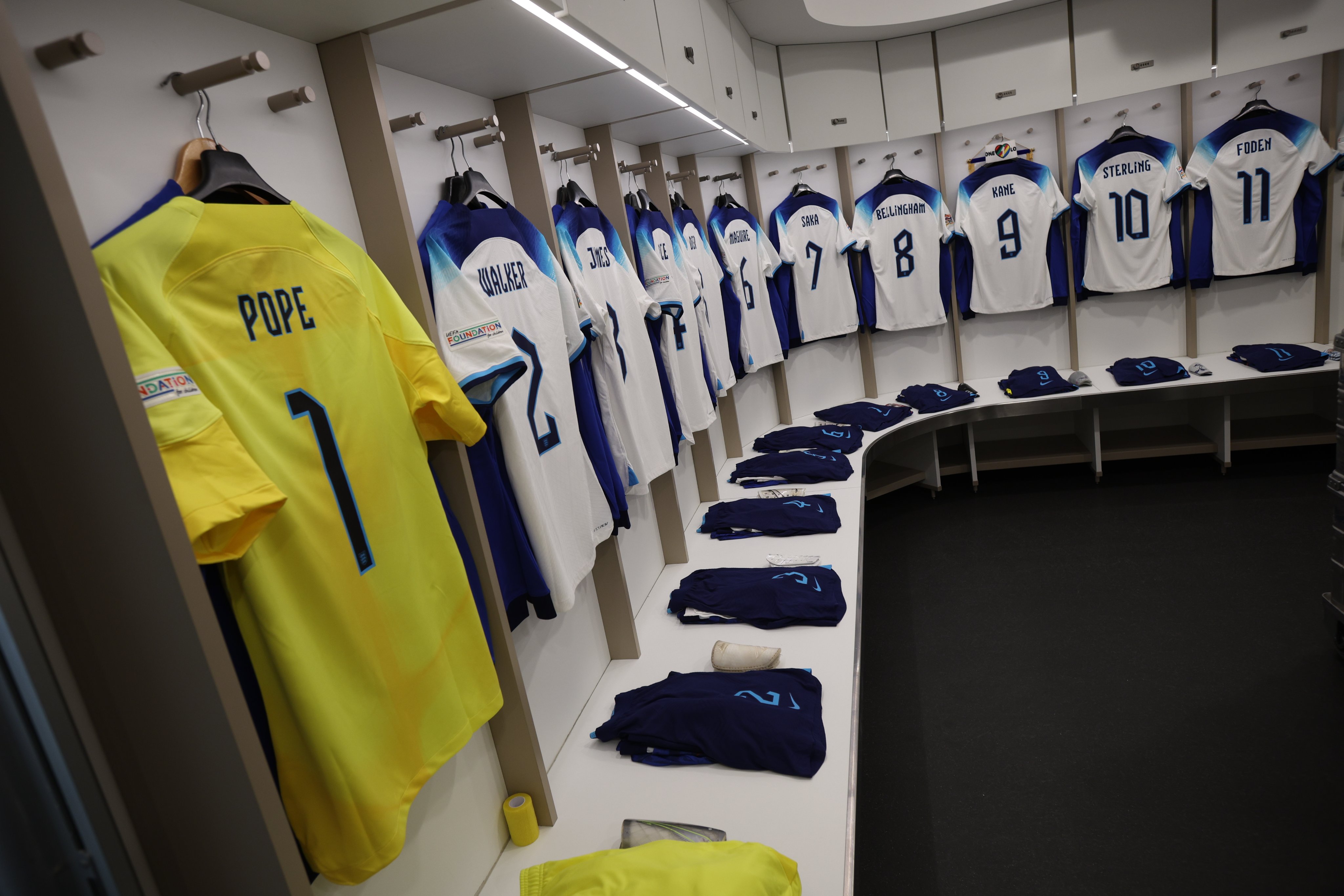 England starting XI kits inside the away dressing room.