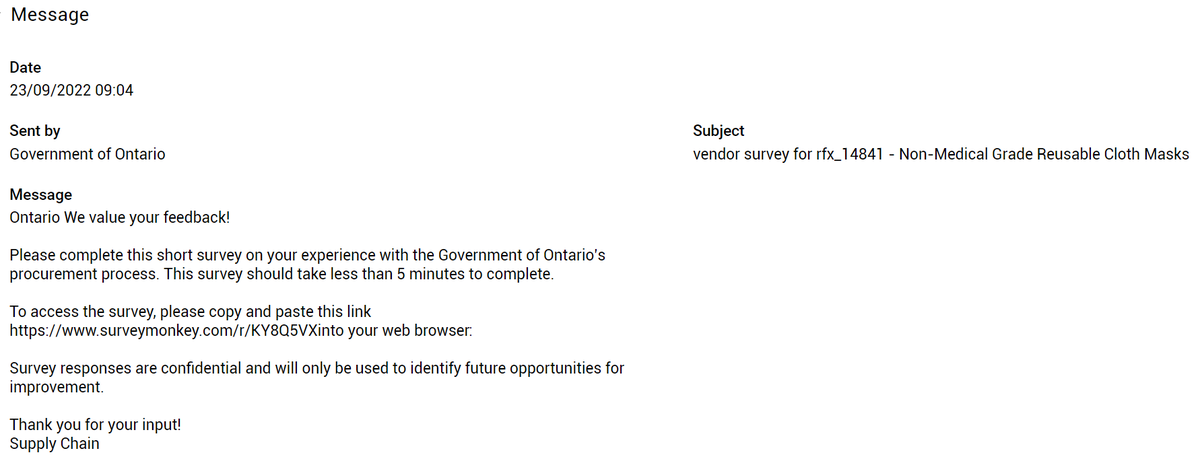 A screenshot of a website message dated Sep 23 2022 at 09:04. The message says "Ontario We value your feedback!" followed by a request to fill out a survey on surveymonkey.